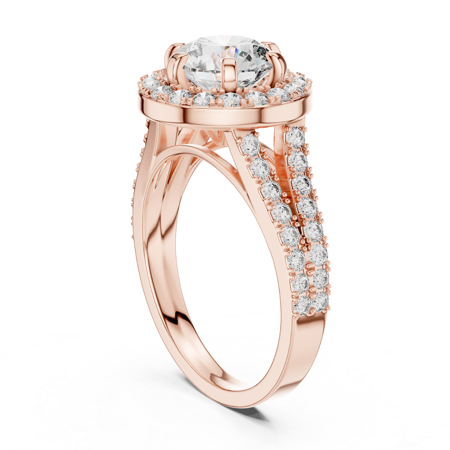 Round Halo Diamond Ring With Double Row Side Diamonds | 18K