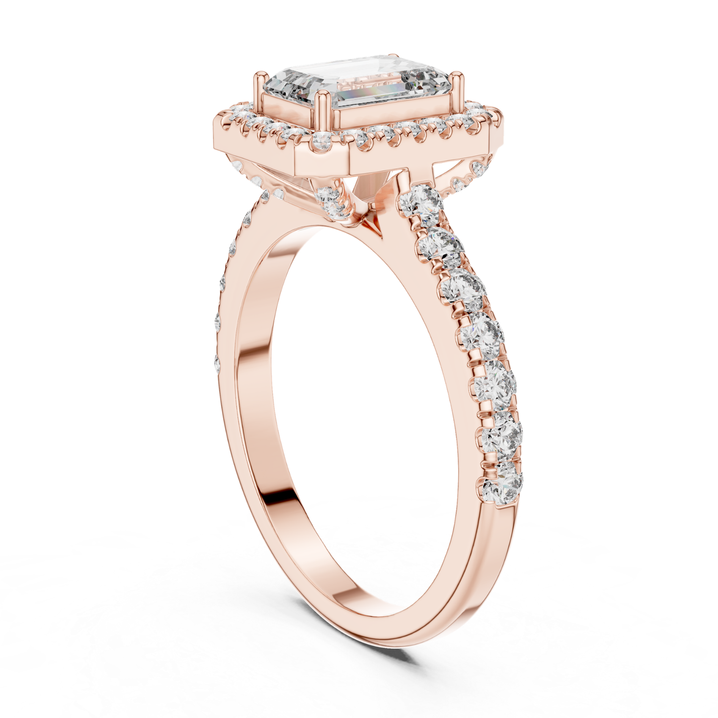 Emerald Cut Diamond Halo Ring with Pave Band | Iced to Perfection