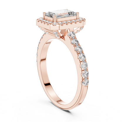 Emerald Cut Diamond Halo Ring with Pave Band | Iced to Perfection