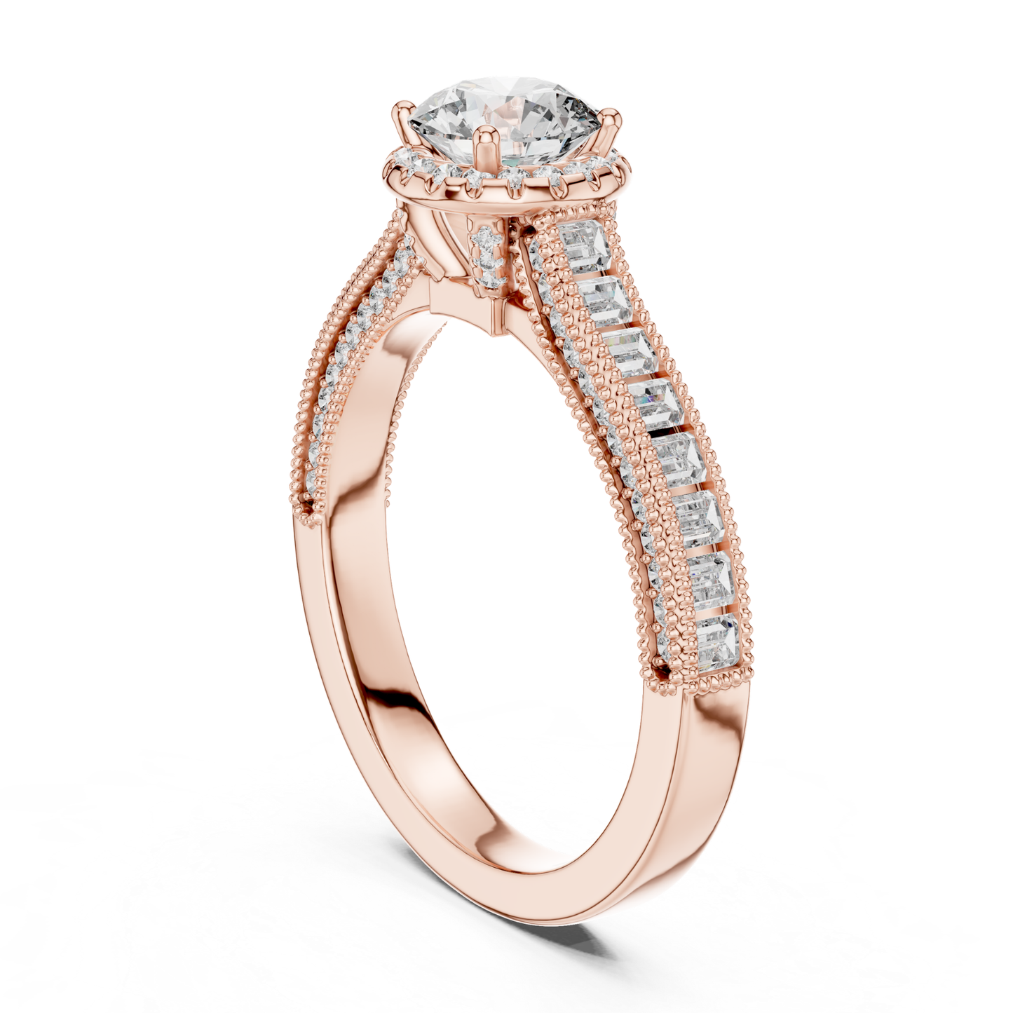Round Diamond Ring With Baguette Side Stones Band | 18K Gold
