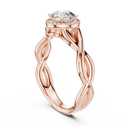 Round Halo Diamond Ring With Twisted Band Design | 18K Gold