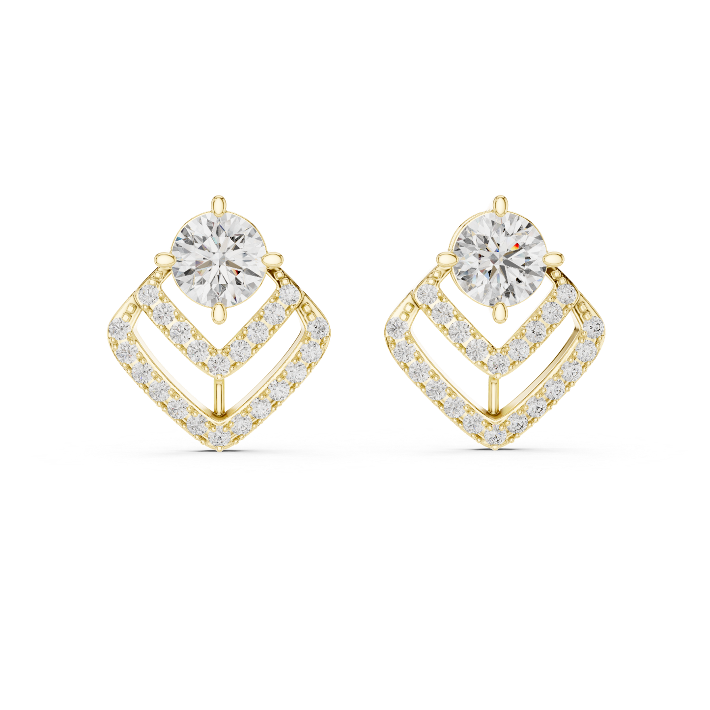Round Diamond Chevron Halo Stud Earrings | Prong 18K Gold