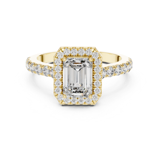 Emerald Cut Diamond Halo Ring with Pave Band | Iced to Perfection