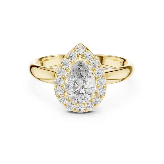 Pear Shape Halo Diamond Ring With Round Accent Stones | 18K