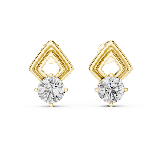 Round Diamond Geometric Stud Earrings | Prong Set 18K Gold