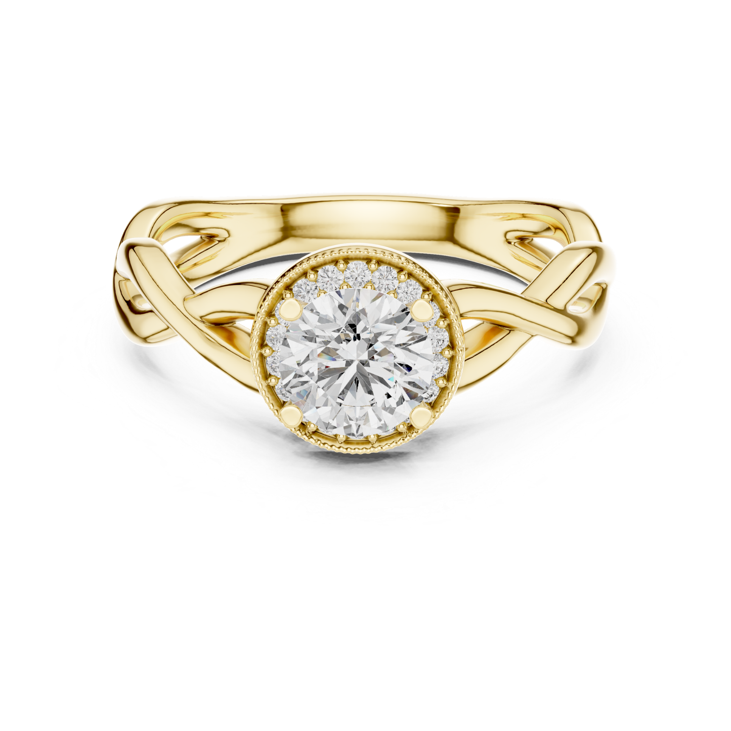 Round Halo Diamond Ring With Twisted Band Design | 18K Gold