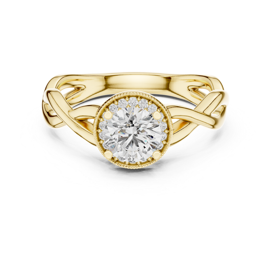Round Halo Diamond Ring With Twisted Band Design | 18K Gold