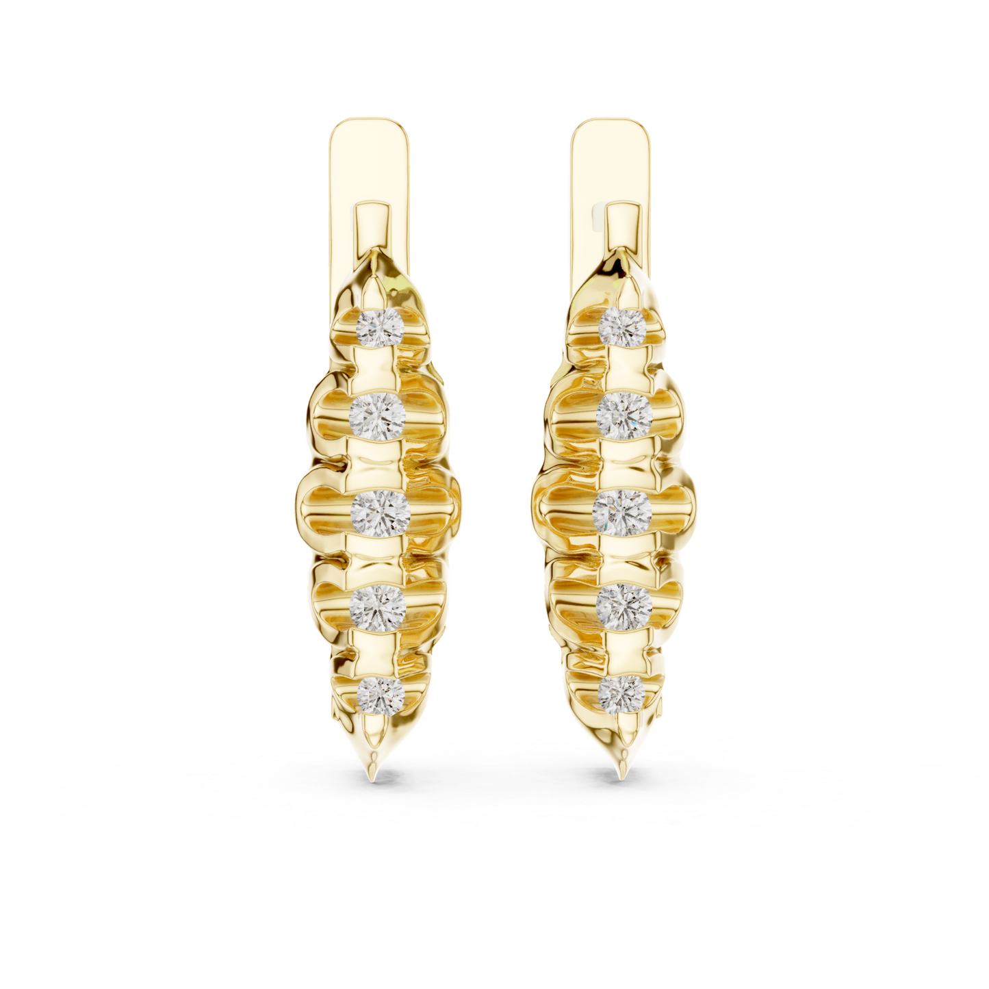 Ribbed Diamond Hoop Earrings with Round Brilliance | Modern Gold Elegance