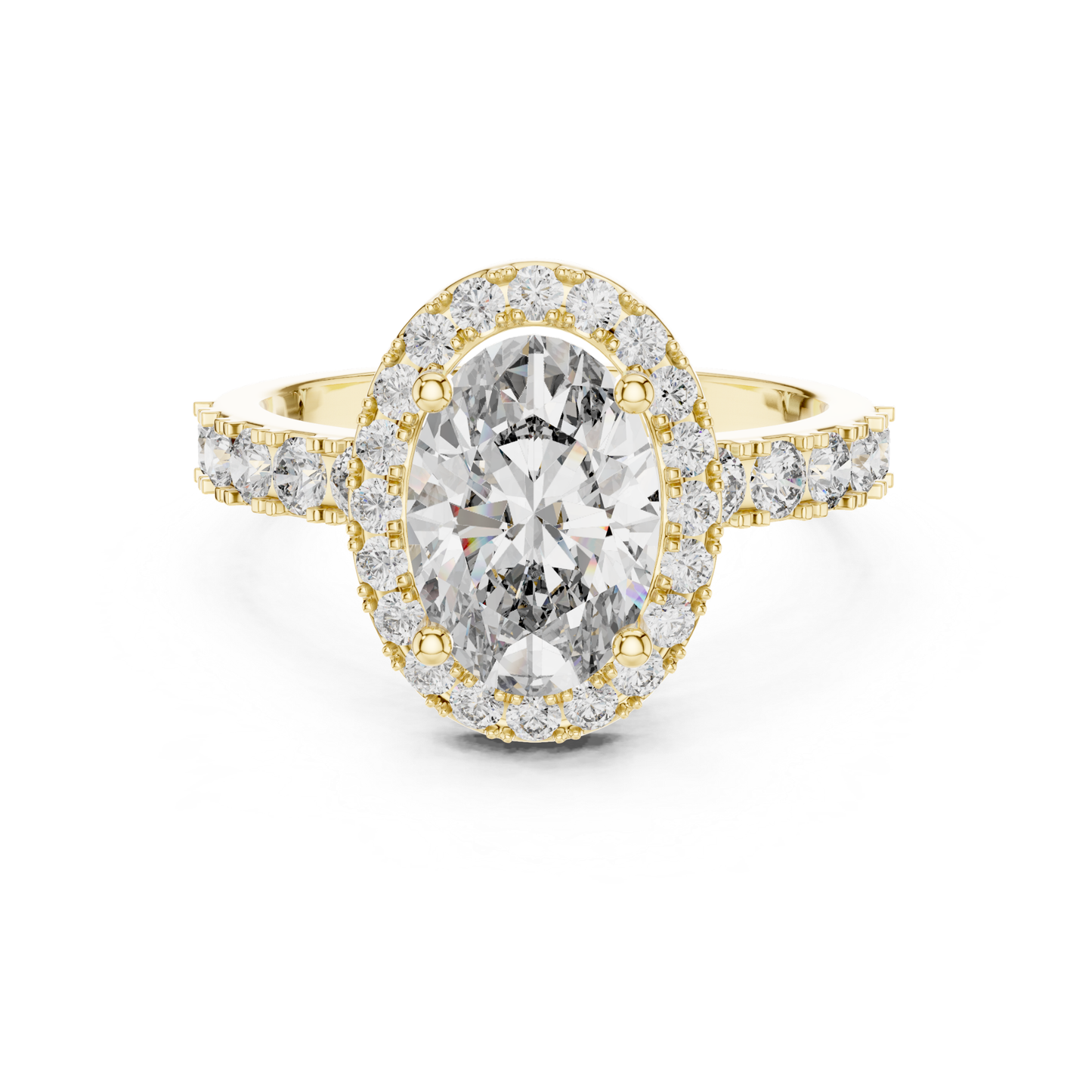 Oval Shape Halo Diamond Ring With Side Round Diamonds | 18K