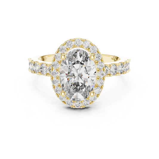 Oval Shape Halo Diamond Ring With Side Round Diamonds | 18K