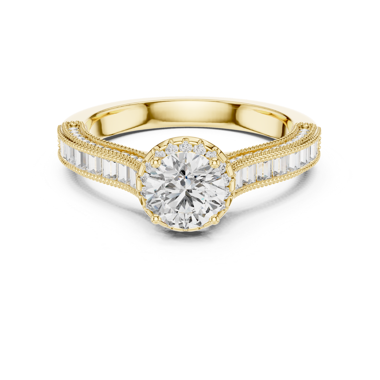 Round Diamond Ring With Baguette Side Stones Band | 18K Gold