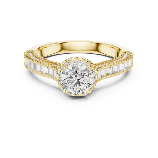 Round Diamond Ring With Baguette Side Stones Band | 18K Gold
