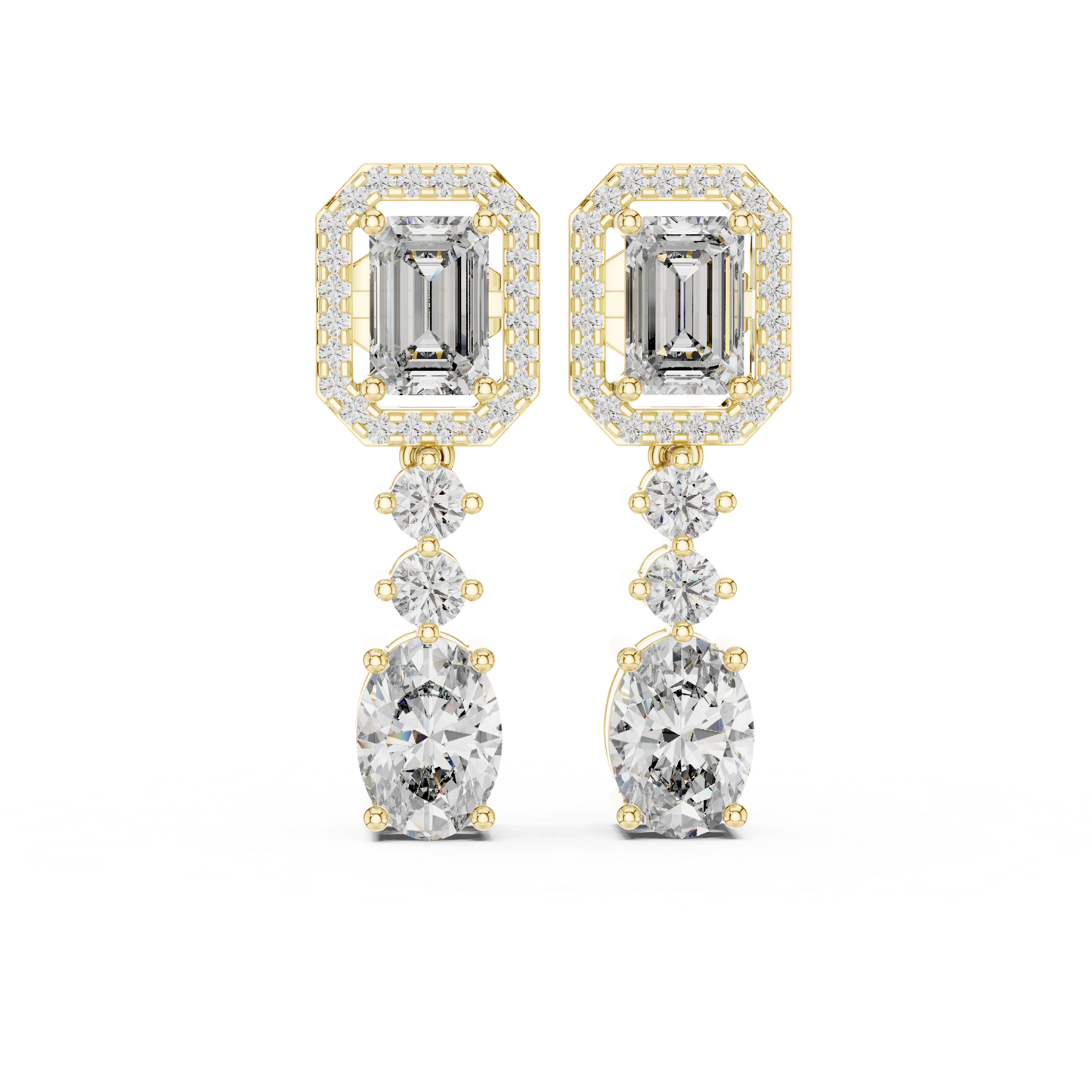 Emerald and Oval Diamond Drop Earrings with Halo Elegance | Luxury Jewelry