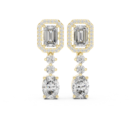 Emerald and Oval Diamond Drop Earrings with Halo Elegance | Luxury Jewelry