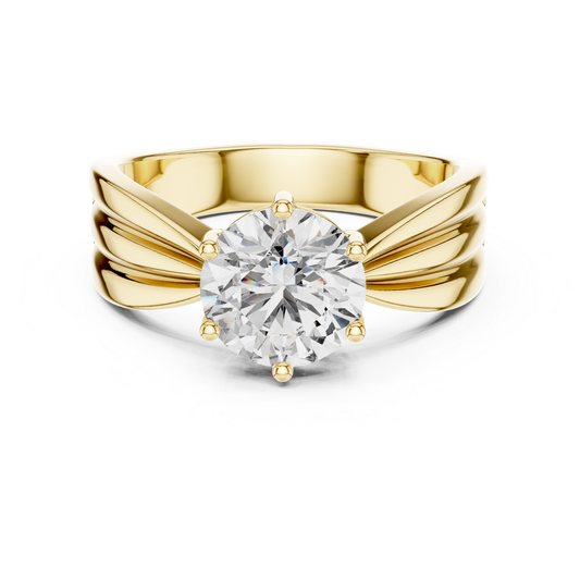 Round Cut Diamond Ring with Layered Band Design | 18K Gold