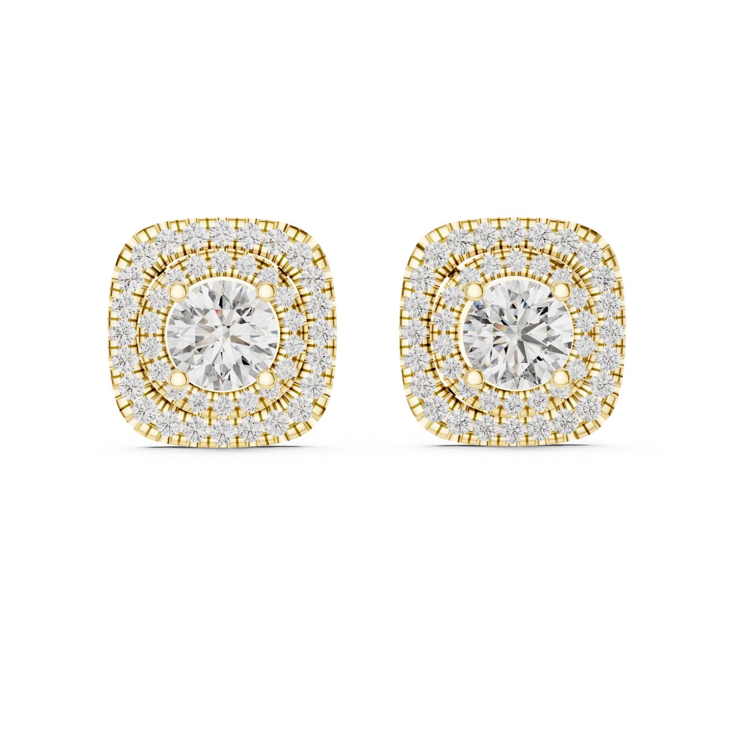 Runde Diamant-Ohrstecker mit doppeltem Halo und Krappenfassung | 18K Gold