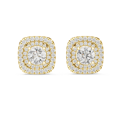 Runde Diamant-Ohrstecker mit doppeltem Halo und Krappenfassung | 18K Gold