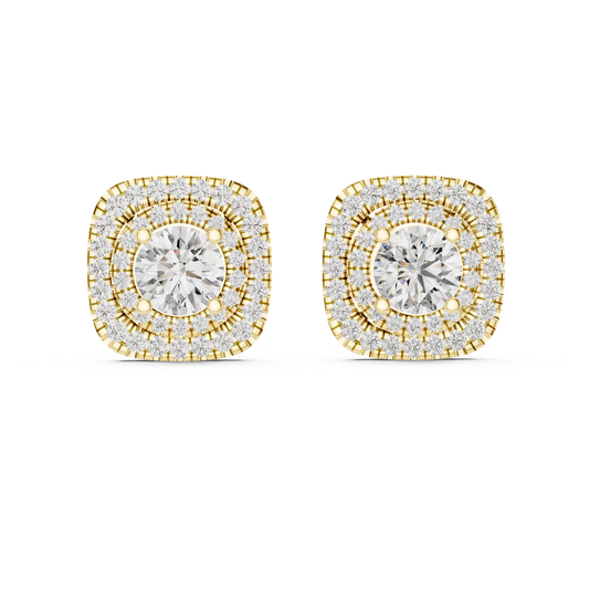 Round Diamond Double Halo Stud Earrings with Prong | 18K Gold