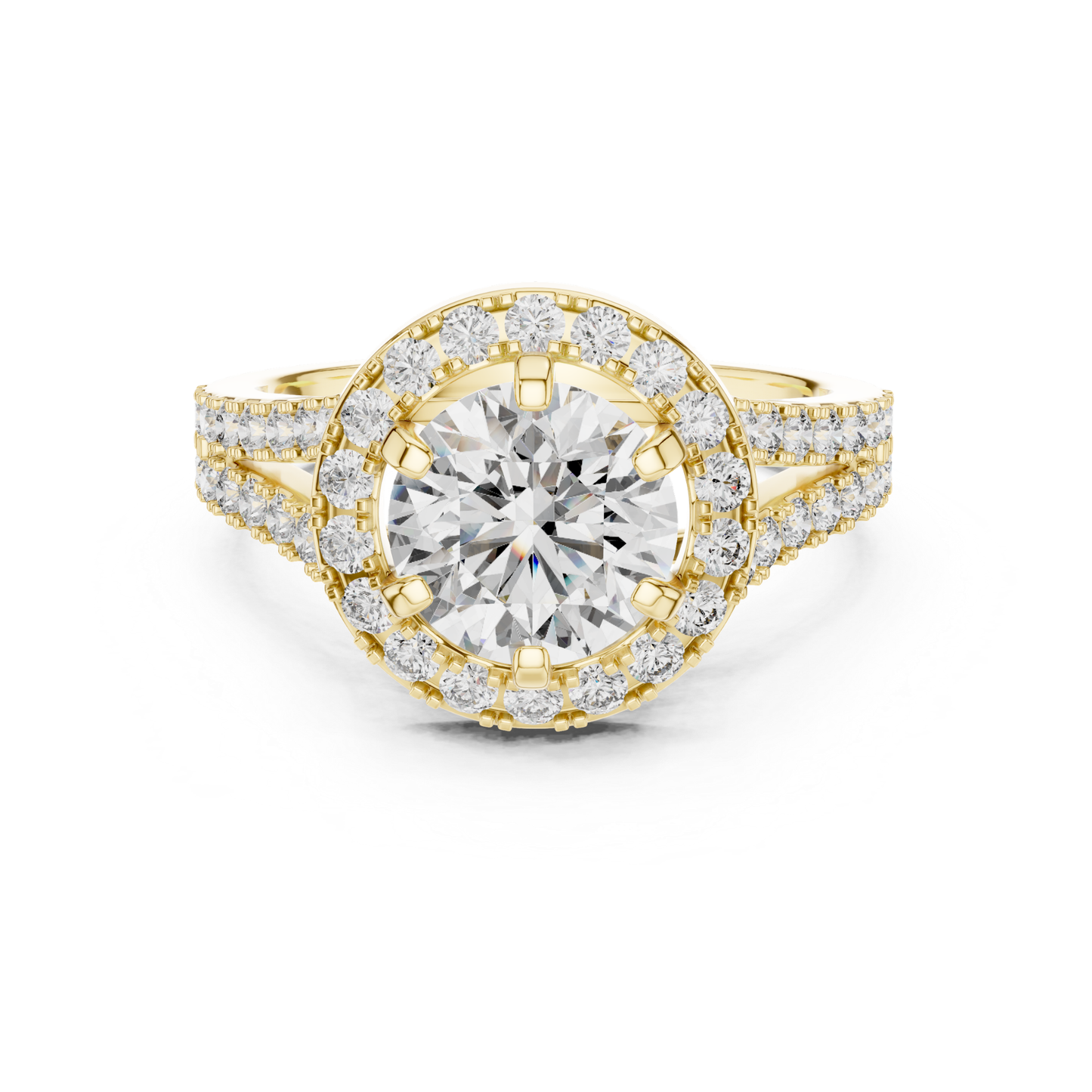 Round Halo Diamond Ring With Double Row Side Diamonds | 18K