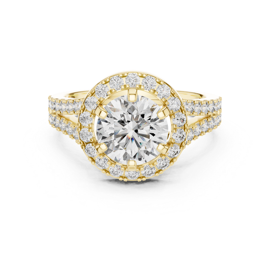 Round Halo Diamond Ring With Double Row Side Diamonds | 18K