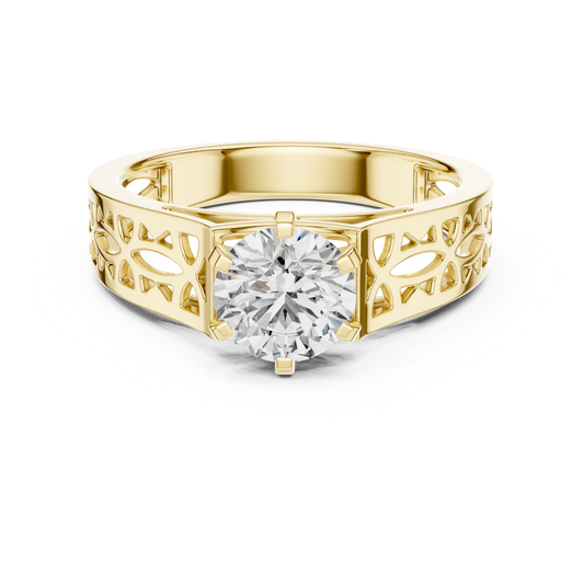 Round Cut Diamond Ring with Patterned Band | Art Meets Brilliance