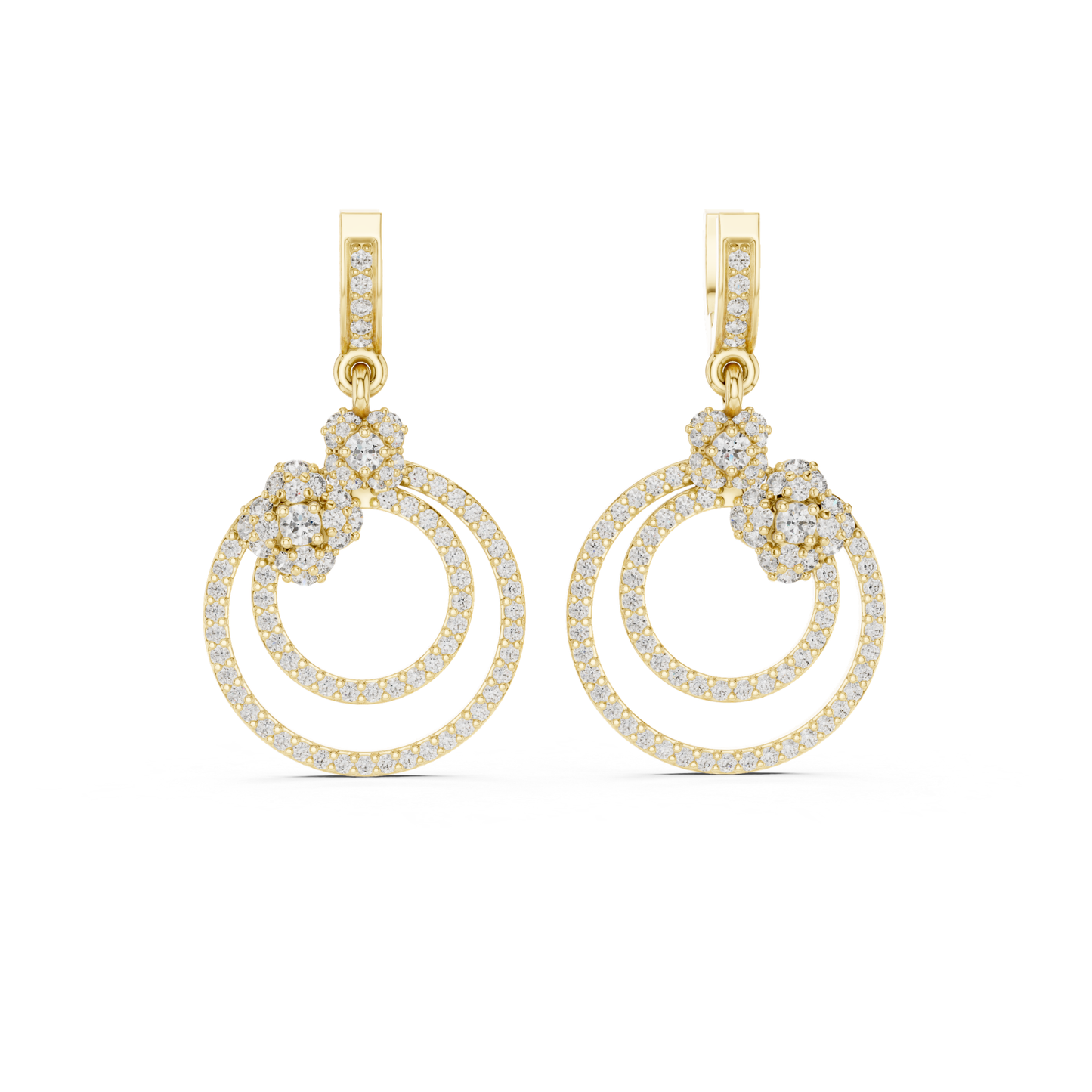 Double Circle Diamond Drop Earrings with Floral Accent | Modern Luxury