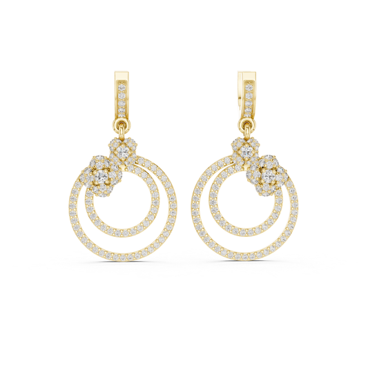 Double Circle Diamond Drop Earrings with Floral Accent | Modern Luxury
