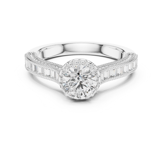 Round Diamond Ring With Baguette Side Stones Band | 18K Gold
