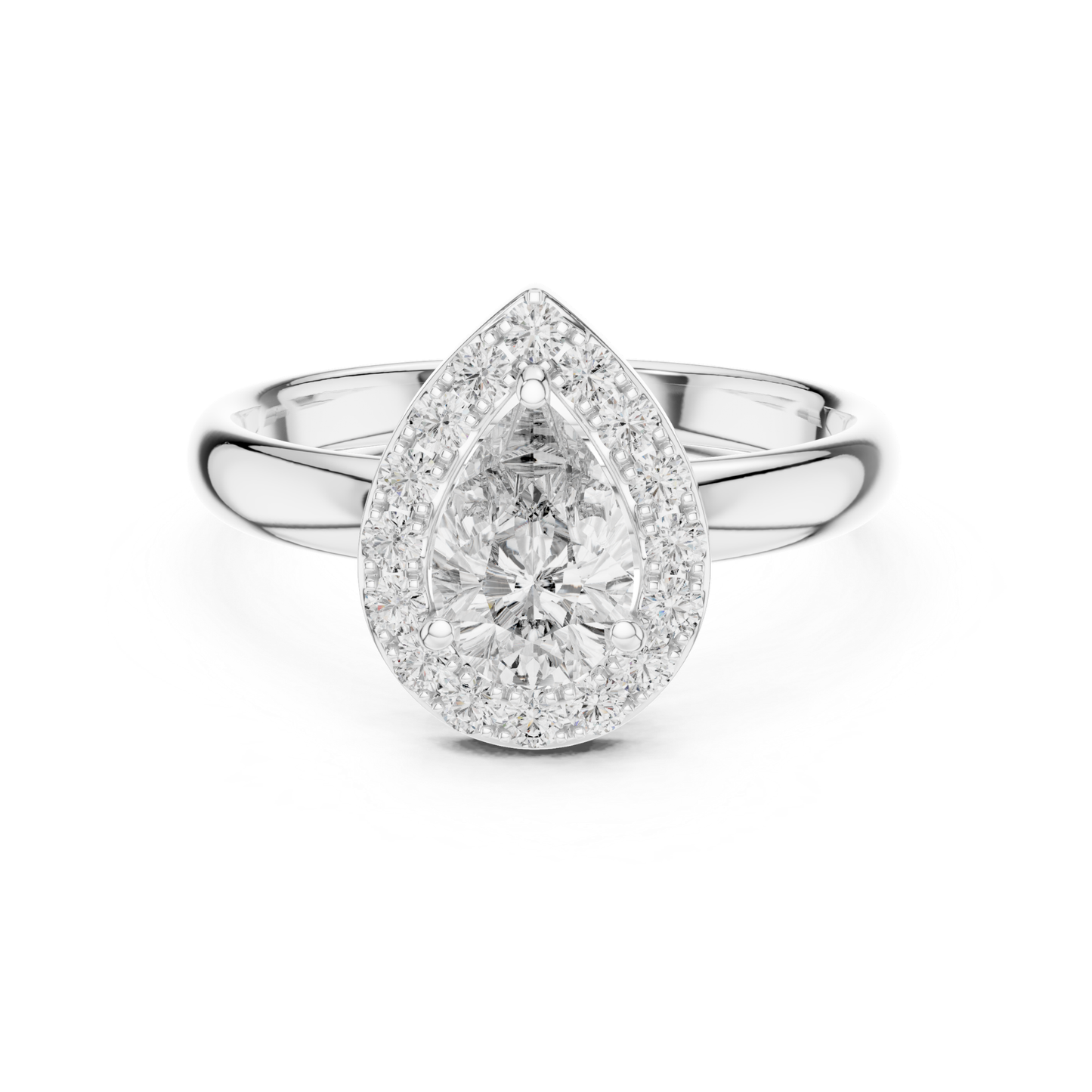 Pear Shape Halo Diamond Ring With Round Accent Stones | 18K