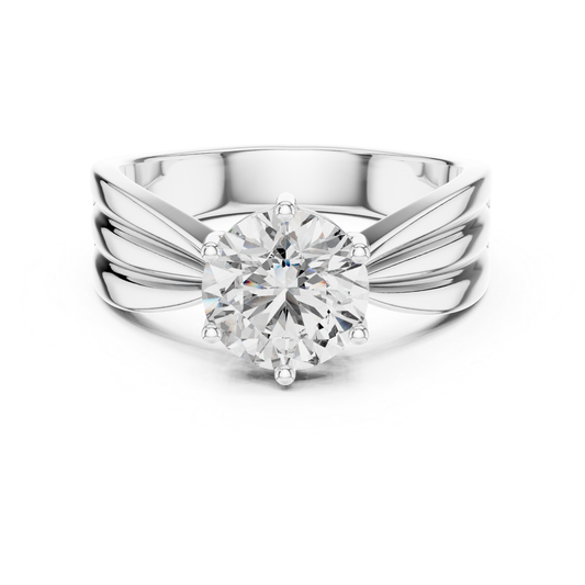 Round Cut Diamond Ring with Layered Band Design | 18K Gold