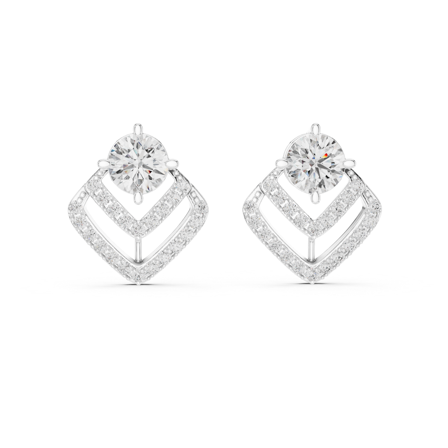 Round Diamond Chevron Halo Stud Earrings | Prong 18K Gold