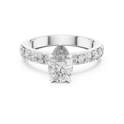 Pear Shape Diamond Ring With Side Round Accent Stones | 18K