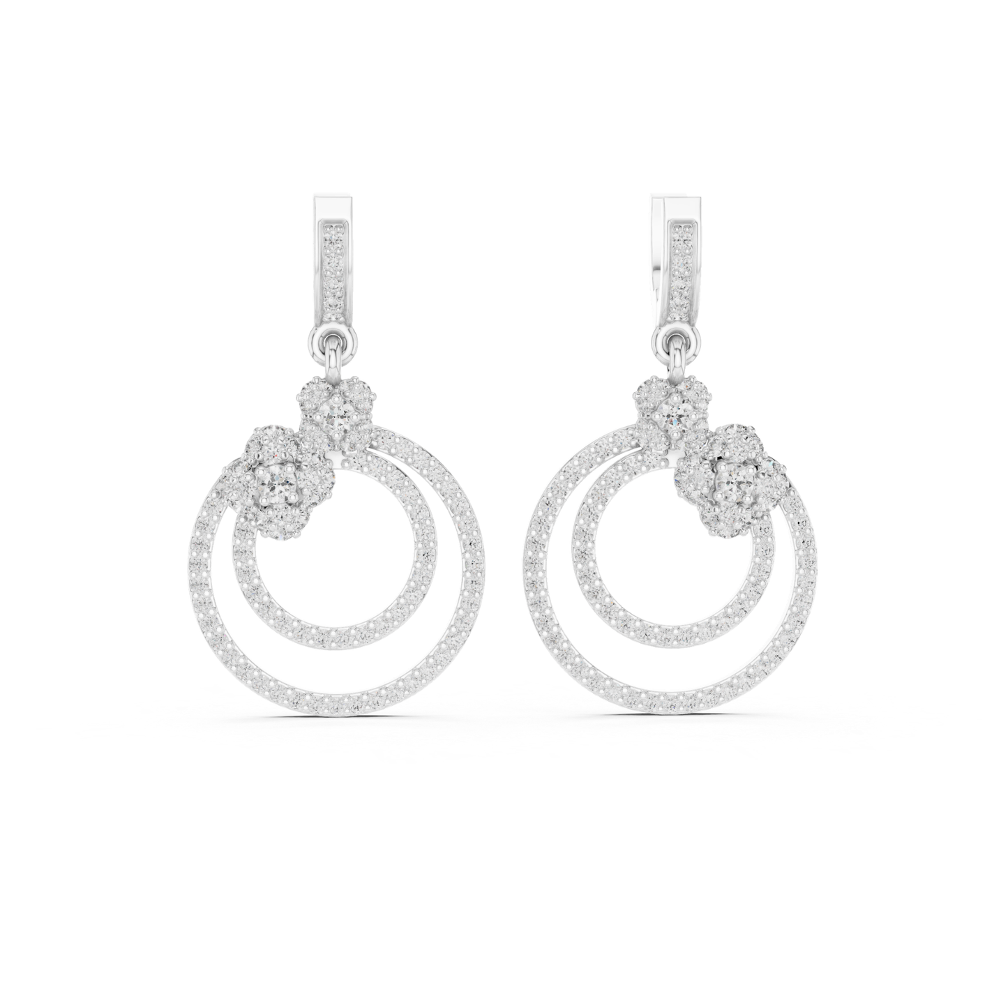 Double Circle Diamond Drop Earrings with Floral Accent | Modern Luxury