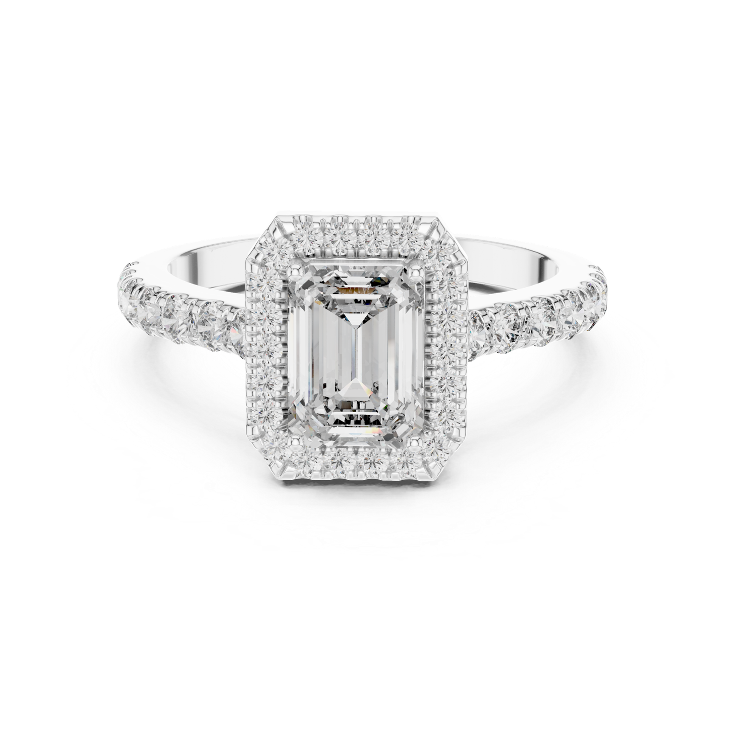 Emerald Cut Diamond Halo Ring with Pave Band | Iced to Perfection
