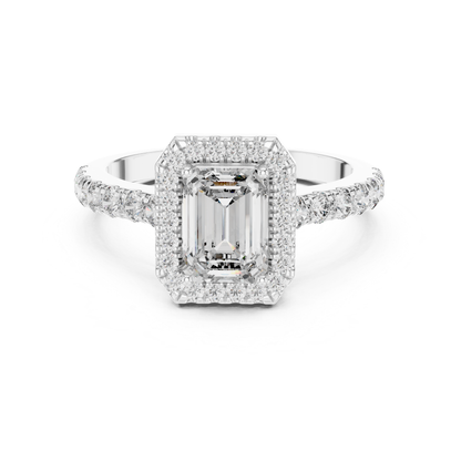 Emerald Cut Diamond Halo Ring with Pave Band | Iced to Perfection