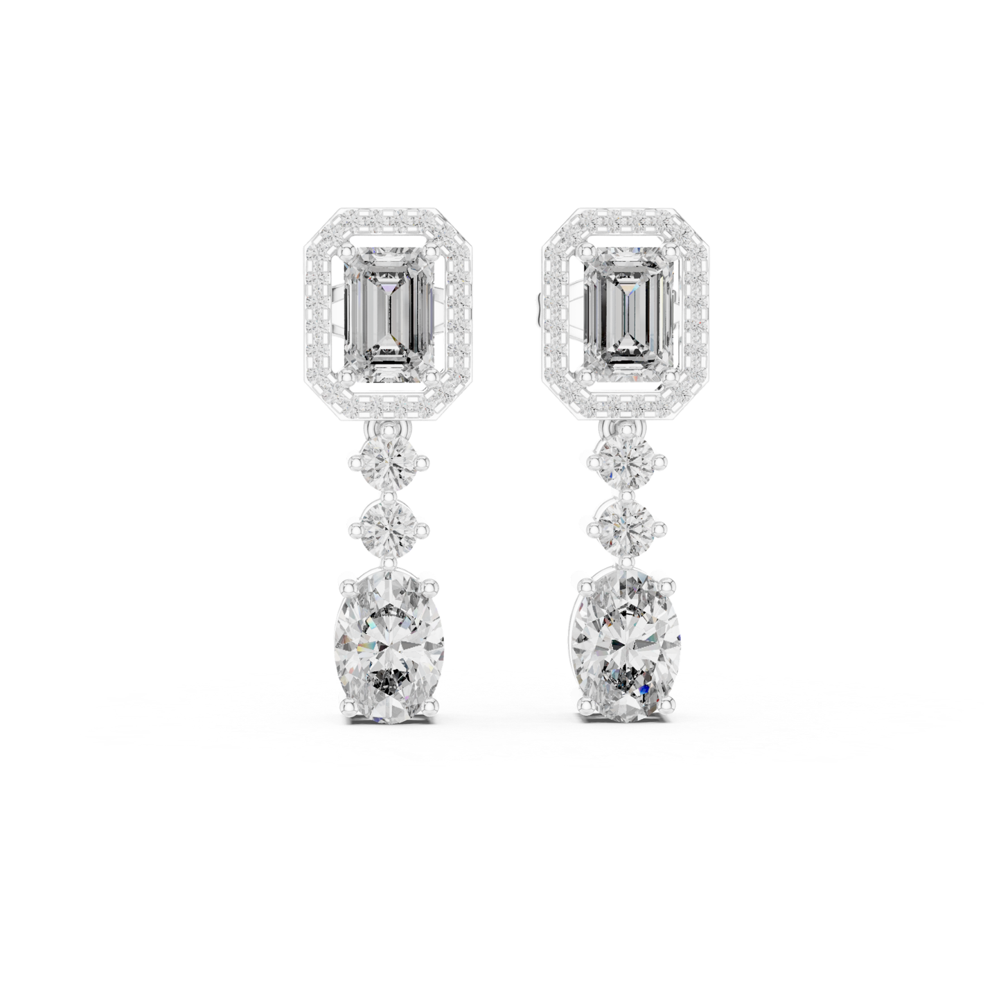 Emerald Cut Halo Drop Diamond Earrings | Luxury Dangle Style