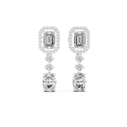 Emerald Cut Halo Drop Diamond Earrings | Luxury Dangle Style