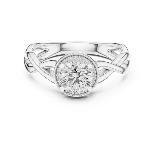 Round Halo Diamond Ring With Twisted Band Design | 18K Gold