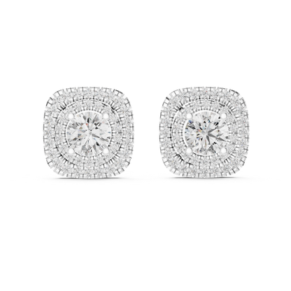 Runde Diamant-Ohrstecker mit doppeltem Halo und Krappenfassung | 18K Gold