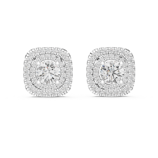 Round Diamond Double Halo Stud Earrings with Prong | 18K Gold