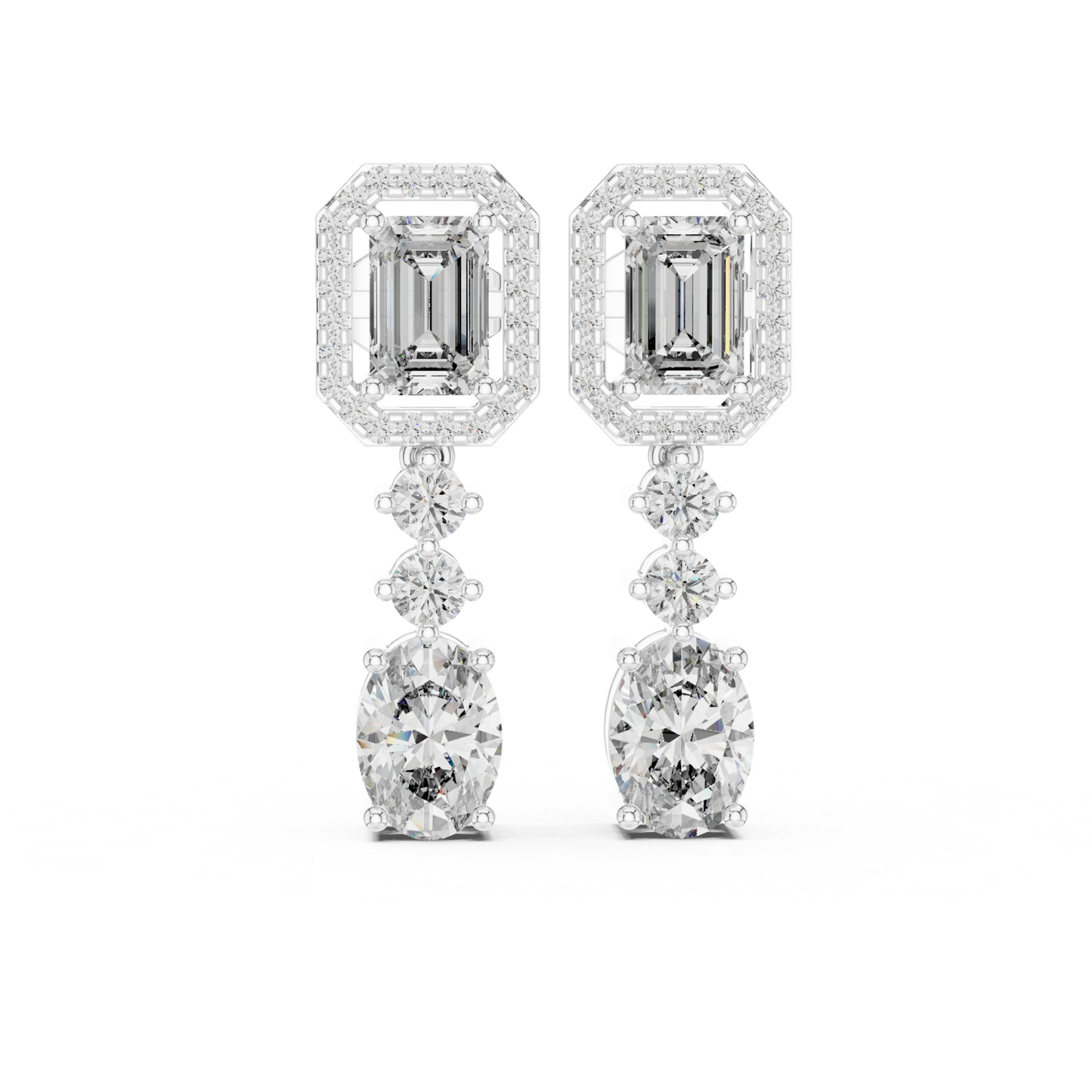 Emerald and Oval Diamond Drop Earrings with Halo Elegance | Luxury Jewelry