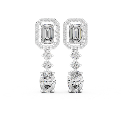 Emerald and Oval Diamond Drop Earrings with Halo Elegance | Luxury Jewelry
