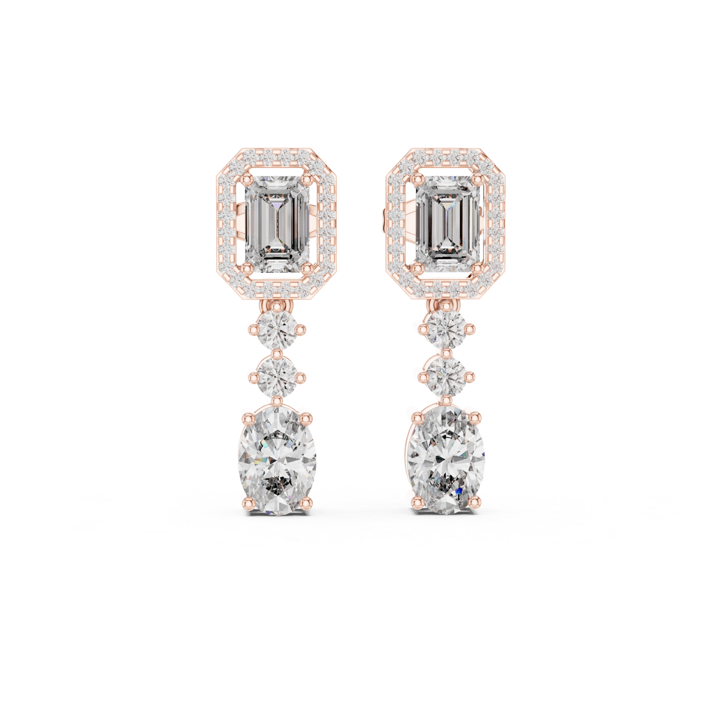 Emerald Cut Halo Drop Diamond Earrings | Luxury Dangle Style