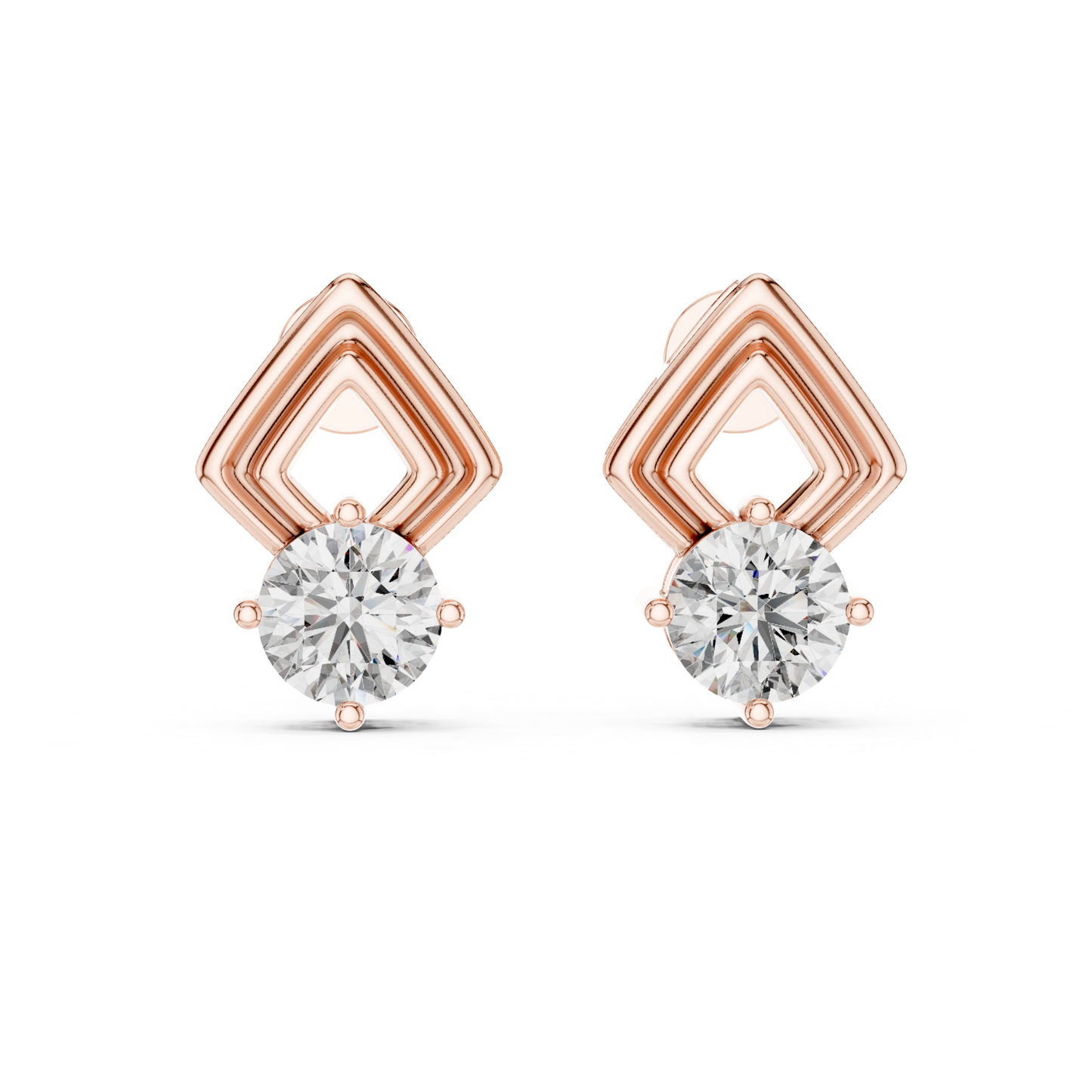 Round Diamond Geometric Stud Earrings | Prong Set 18K Gold