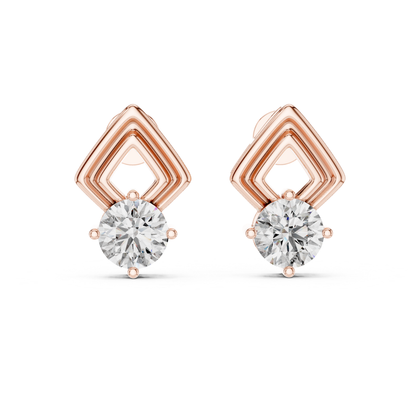Round Diamond Geometric Stud Earrings | Prong Set 18K Gold