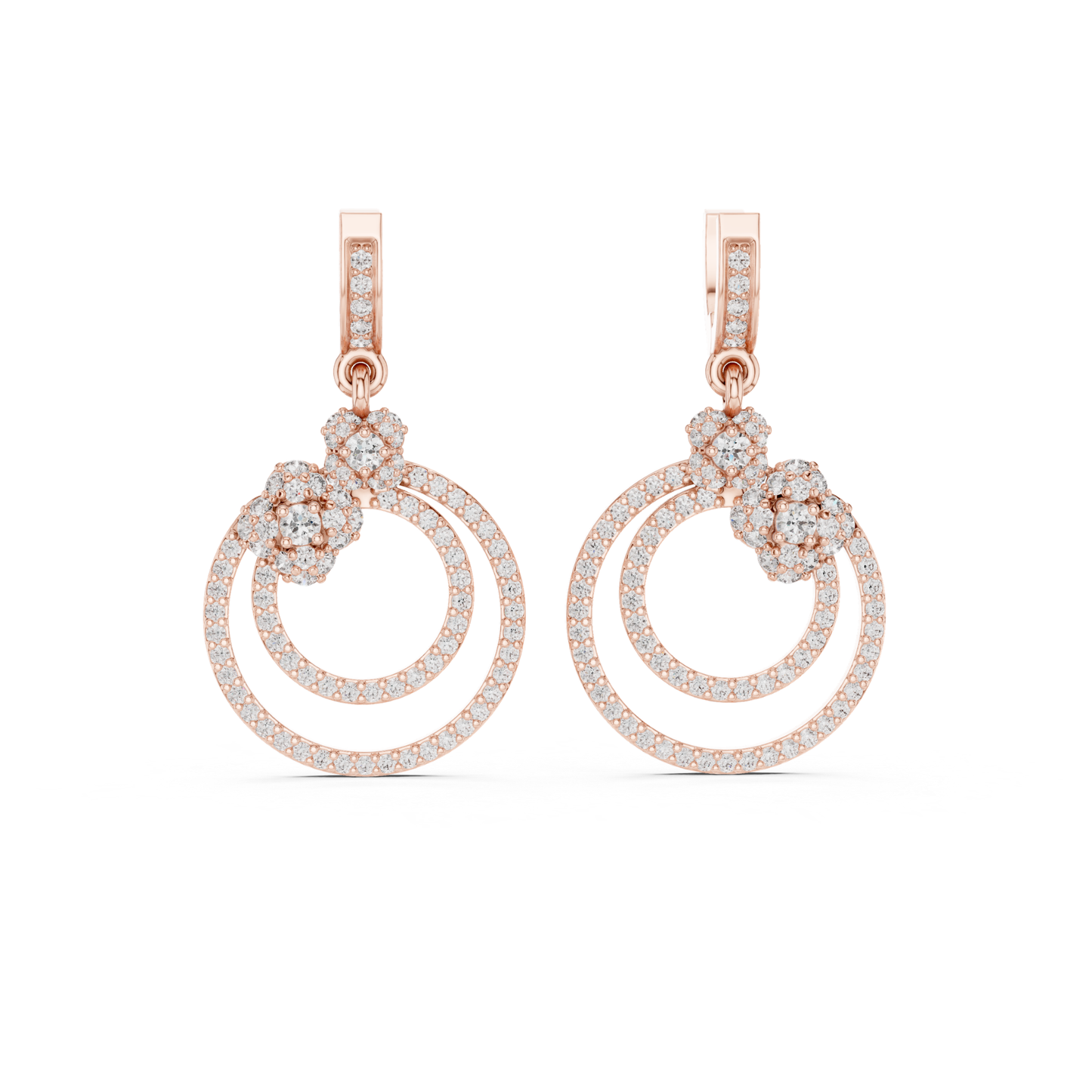 Double Circle Diamond Drop Earrings with Floral Accent | Modern Luxury