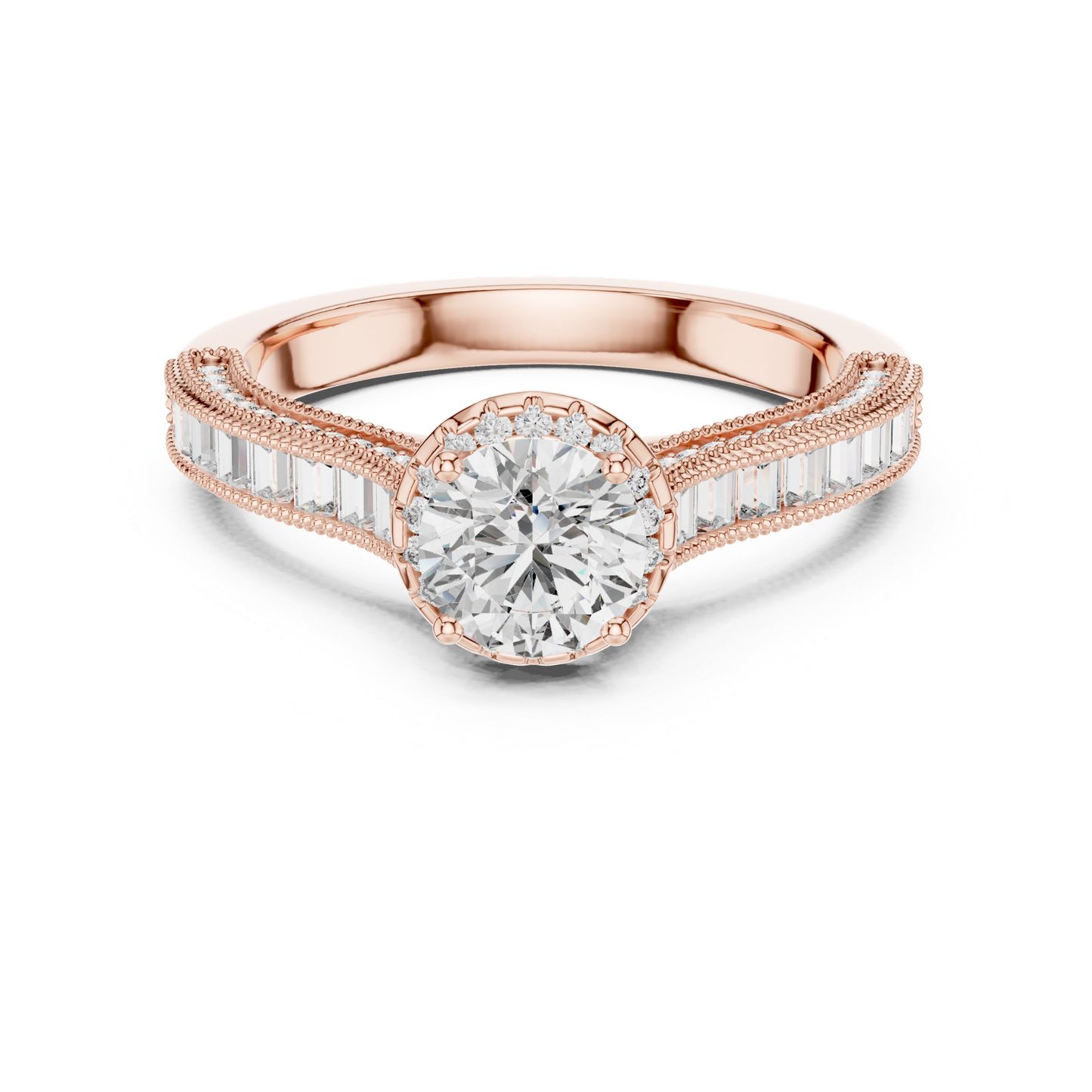 Round Diamond Ring With Baguette Side Stones Band | 18K Gold