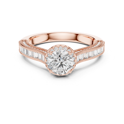 Round Diamond Ring With Baguette Side Stones Band | 18K Gold