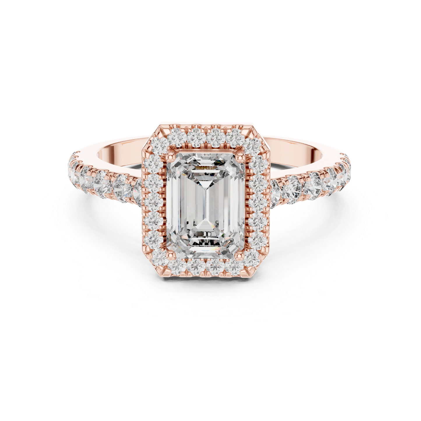 Emerald Cut Diamond Halo Ring with Pave Band | Iced to Perfection