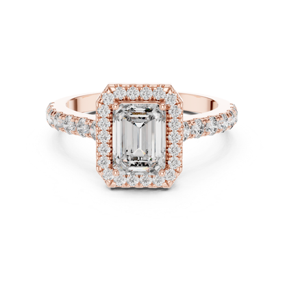 Emerald Cut Diamond Halo Ring with Pave Band | Iced to Perfection